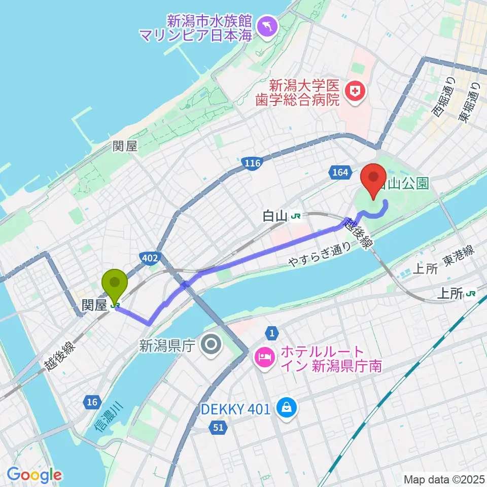 関屋駅から新潟市陸上競技場へのルートマップ地図