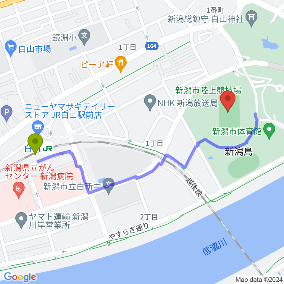 新潟市陸上競技場の最寄駅白山駅からの徒歩ルート（約10分）地図
