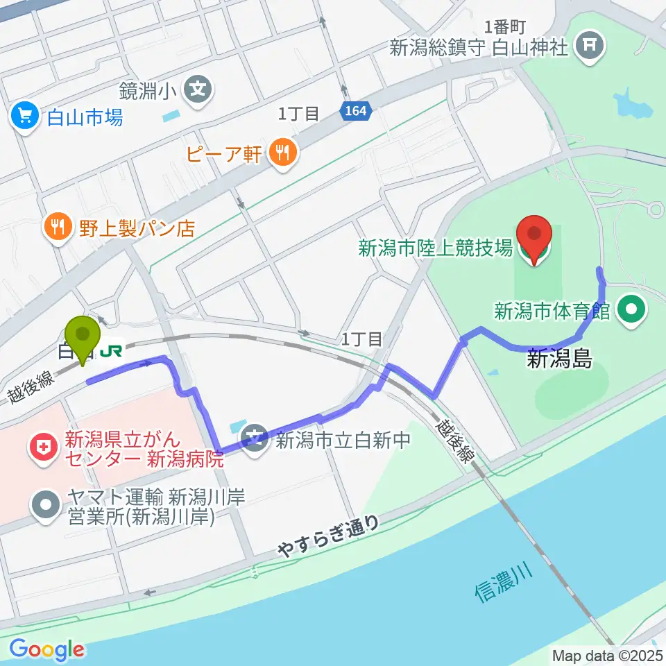 新潟市陸上競技場の最寄駅白山駅からの徒歩ルート（約10分）地図