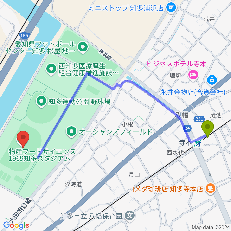 寺本駅から物産フードサイエンス1969知多スタジアムへのルートマップ地図