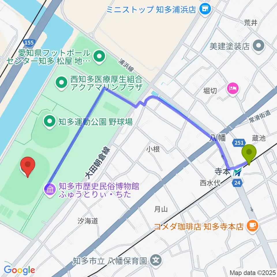 寺本駅から物産フードサイエンス1969知多スタジアムへのルートマップ地図
