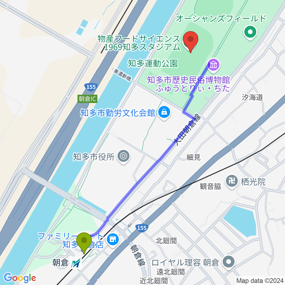 物産フードサイエンス1969知多スタジアムの最寄駅朝倉駅からの徒歩ルート（約12分）地図