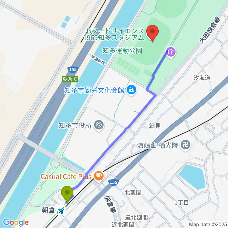物産フードサイエンス1969知多スタジアムの最寄駅朝倉駅からの徒歩ルート（約12分）地図