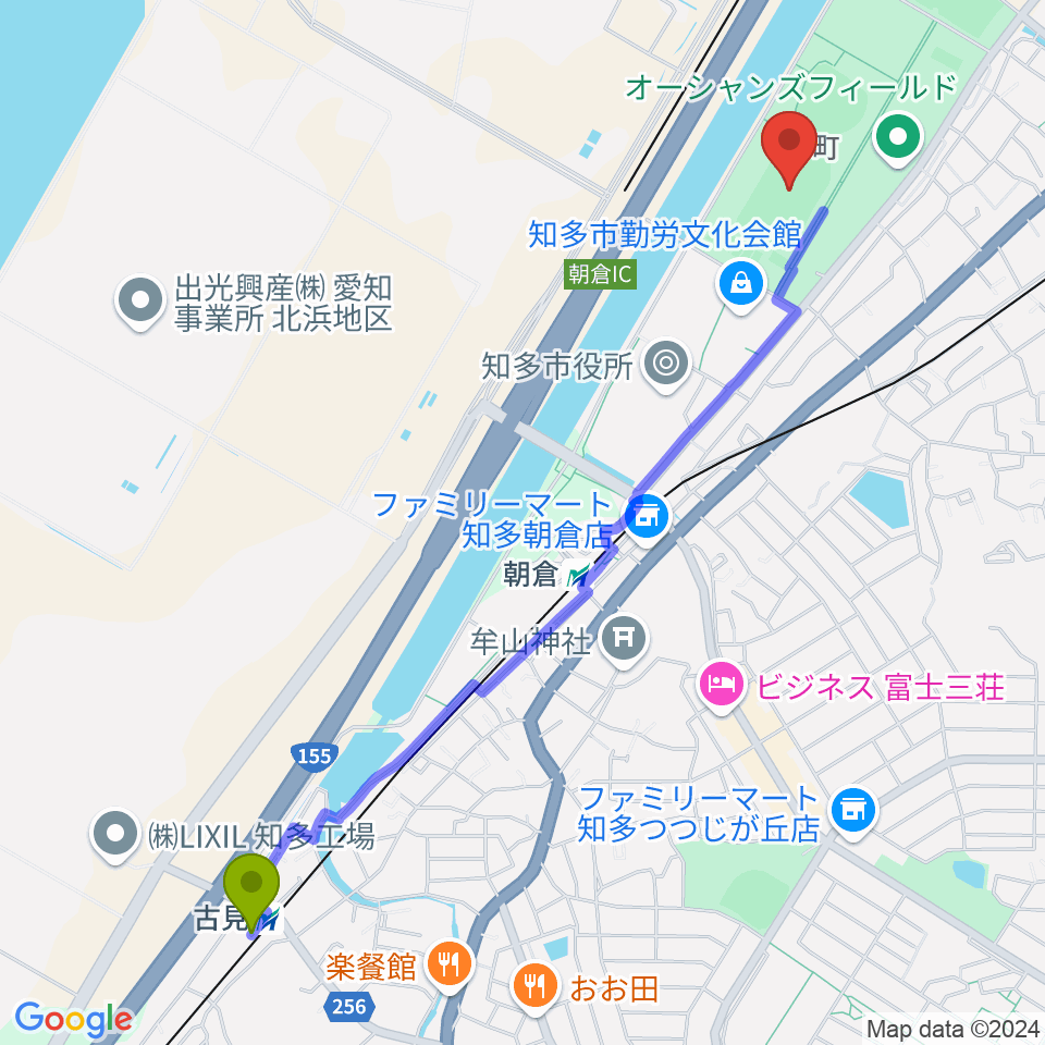 古見駅から物産フードサイエンス1969知多スタジアムへのルートマップ地図