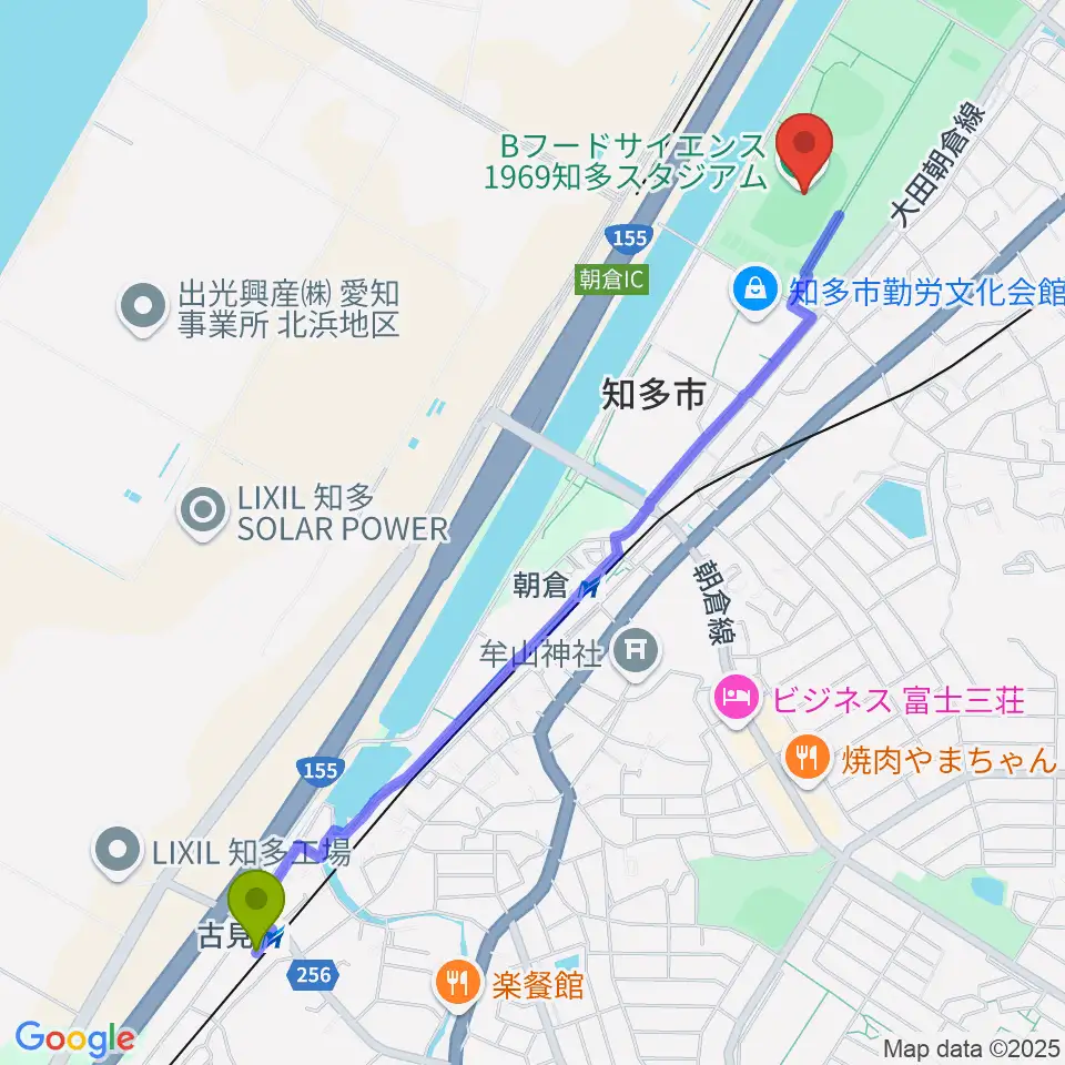 古見駅から物産フードサイエンス1969知多スタジアムへのルートマップ地図
