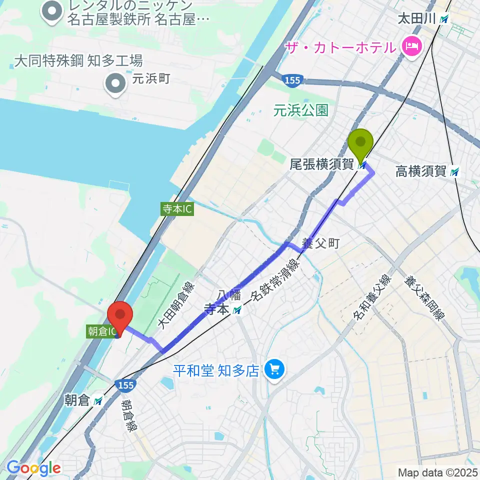 尾張横須賀駅からメディアス体育館ちたへのルートマップ地図