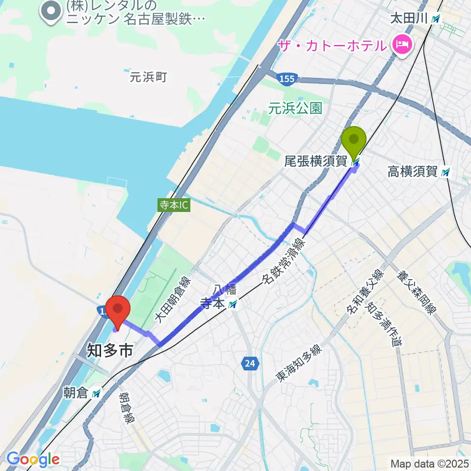 尾張横須賀駅からメディアス体育館ちたへのルートマップ地図