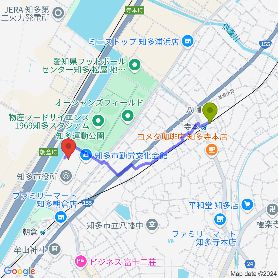 寺本駅からメディアス体育館ちたへのルートマップ地図