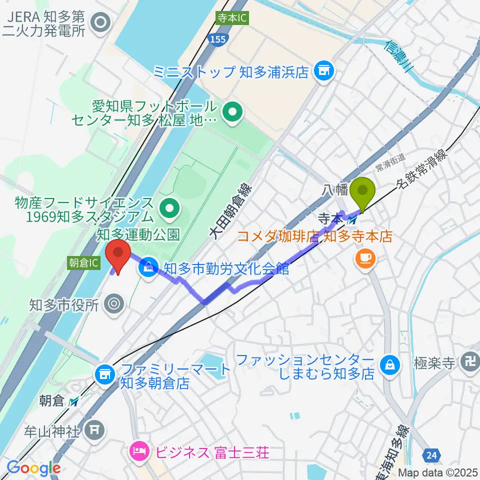 寺本駅からメディアス体育館ちたへのルートマップ地図