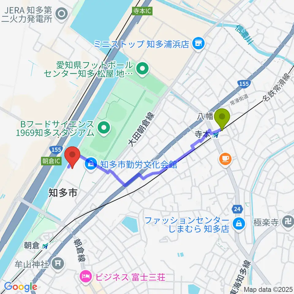 寺本駅からメディアス体育館ちたへのルートマップ地図