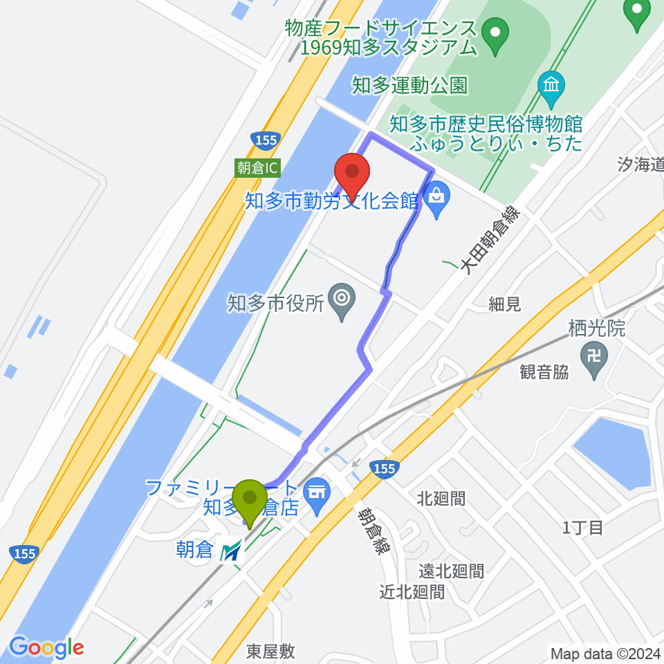 メディアス体育館ちたの最寄駅朝倉駅からの徒歩ルート（約8分）地図