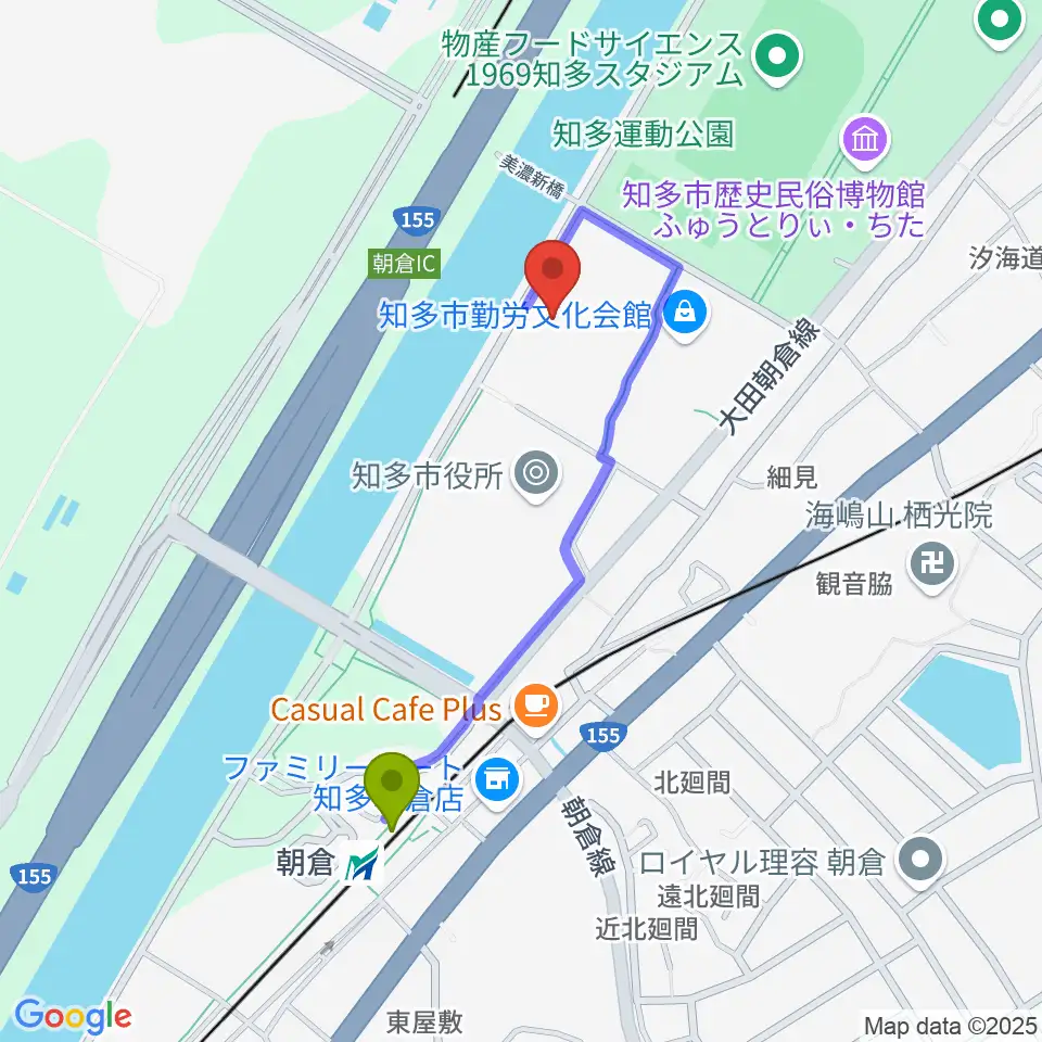 メディアス体育館ちたの最寄駅朝倉駅からの徒歩ルート（約8分）地図