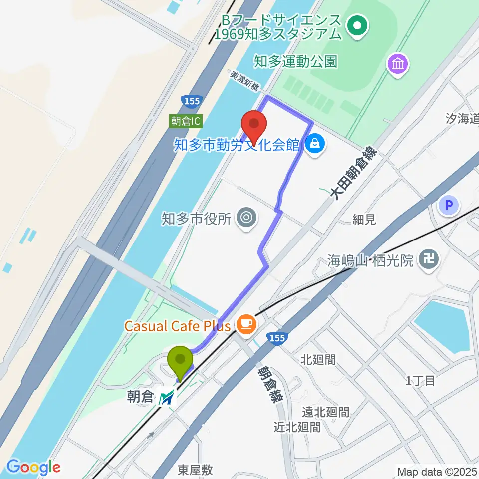 メディアス体育館ちたの最寄駅朝倉駅からの徒歩ルート（約8分）地図