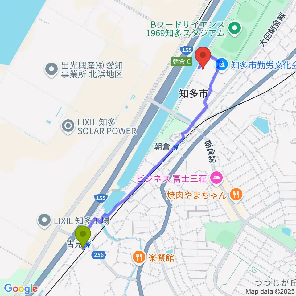 古見駅からメディアス体育館ちたへのルートマップ地図