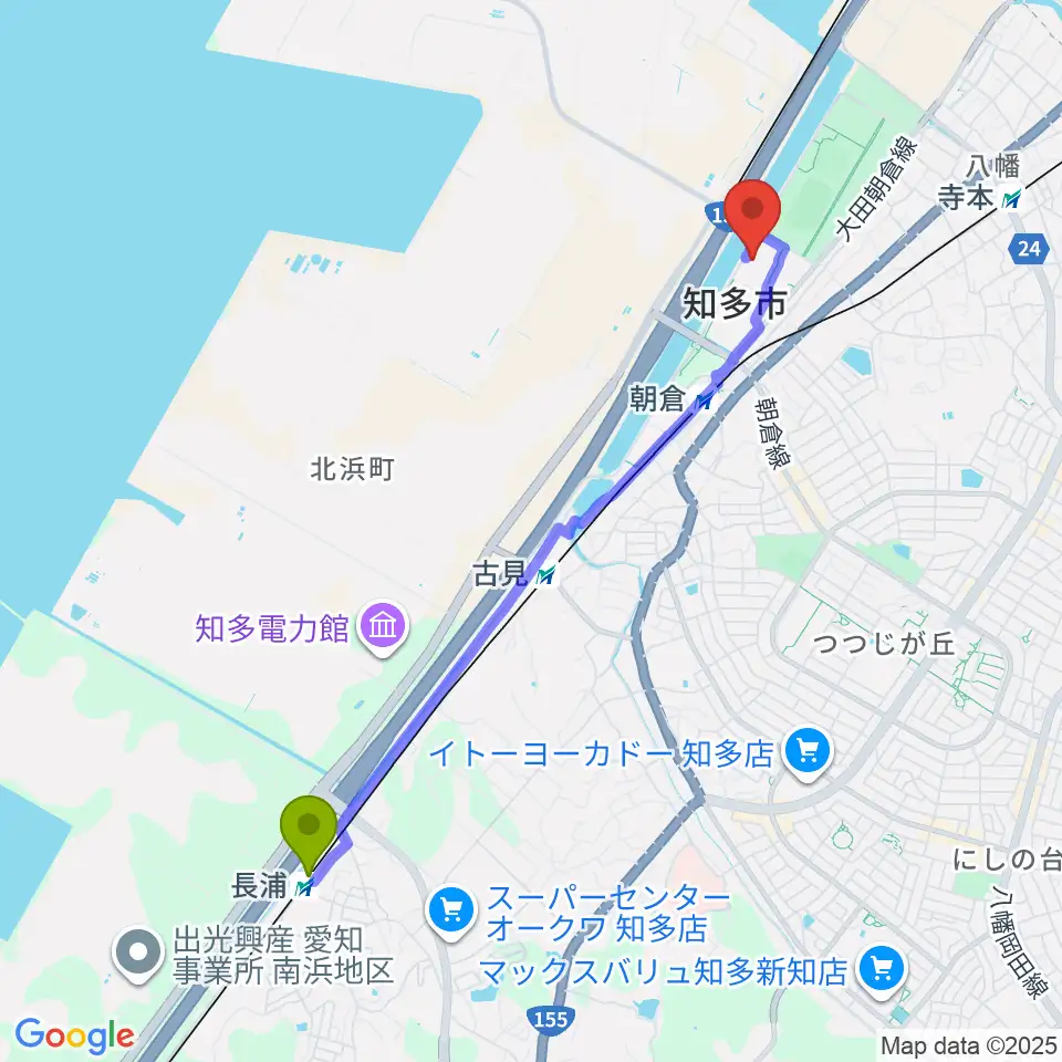 長浦駅からメディアス体育館ちたへのルートマップ地図