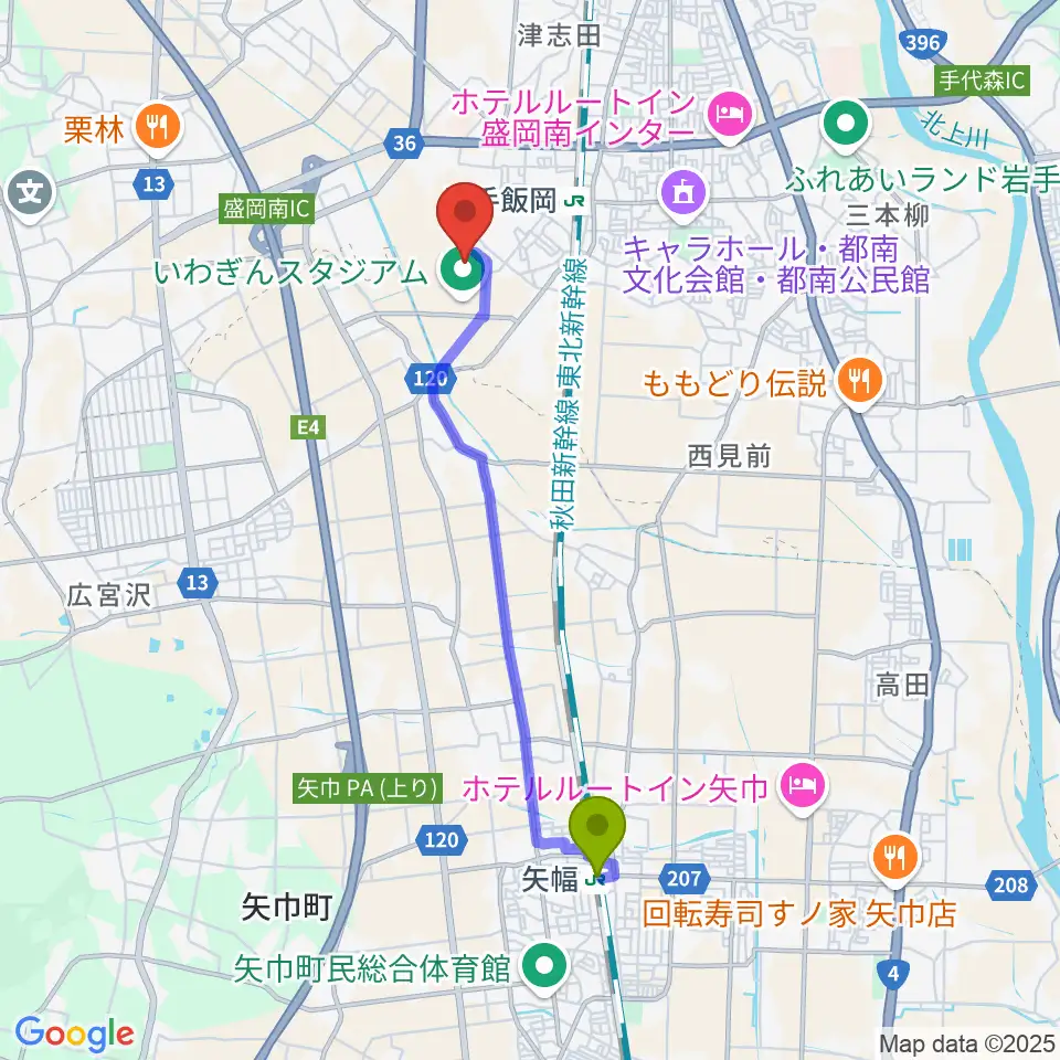 矢幅駅からきたぎんボールパークへのルートマップ地図