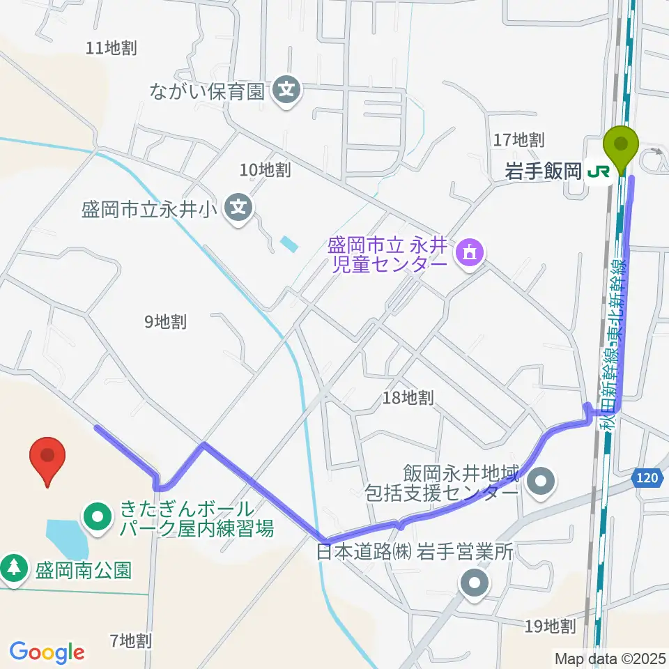 きたぎんボールパークの最寄駅岩手飯岡駅からの徒歩ルート（約14分）地図