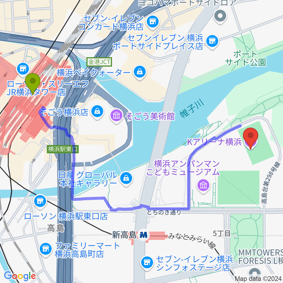 横浜駅からKアリーナ横浜へのルートマップ地図