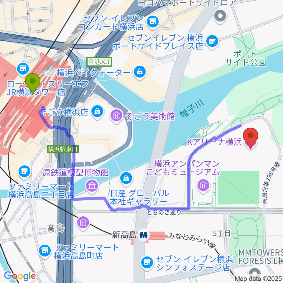 横浜駅からKアリーナ横浜へのルートマップ地図