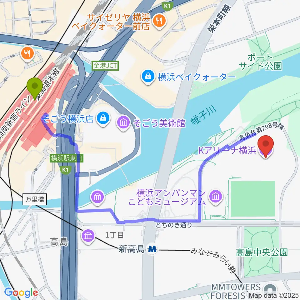 横浜駅からKアリーナ横浜へのルートマップ地図