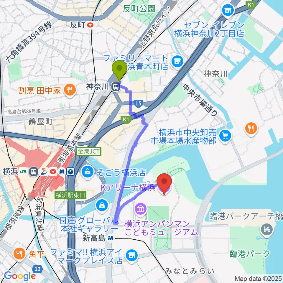 神奈川駅からKアリーナ横浜へのルートマップ地図