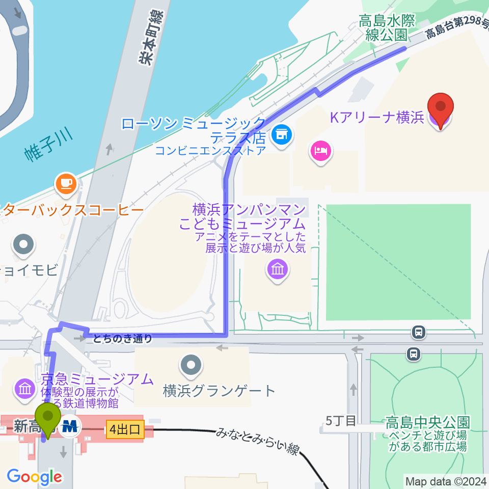 Kアリーナ横浜の最寄駅新高島駅からの徒歩ルート（約8分）地図