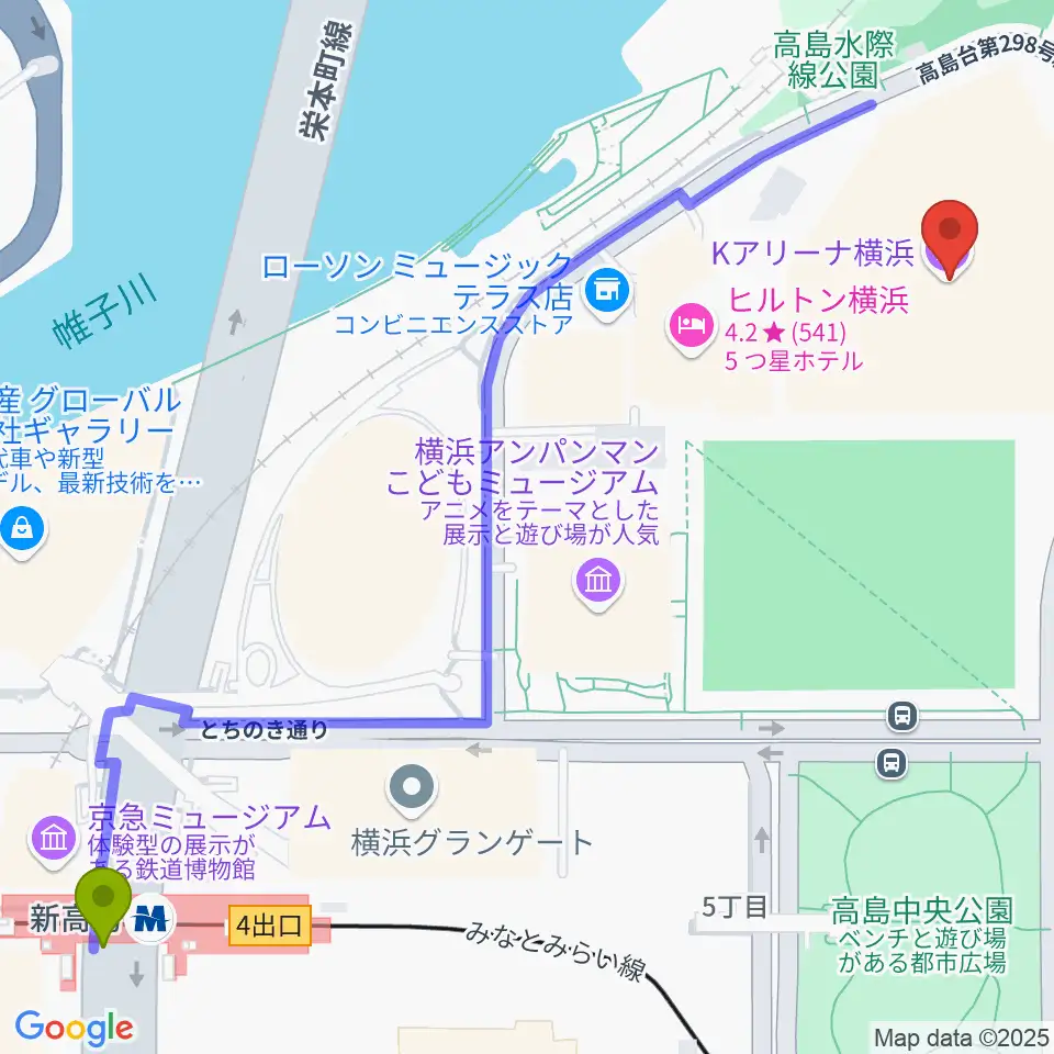 Kアリーナ横浜の最寄駅新高島駅からの徒歩ルート（約8分）地図