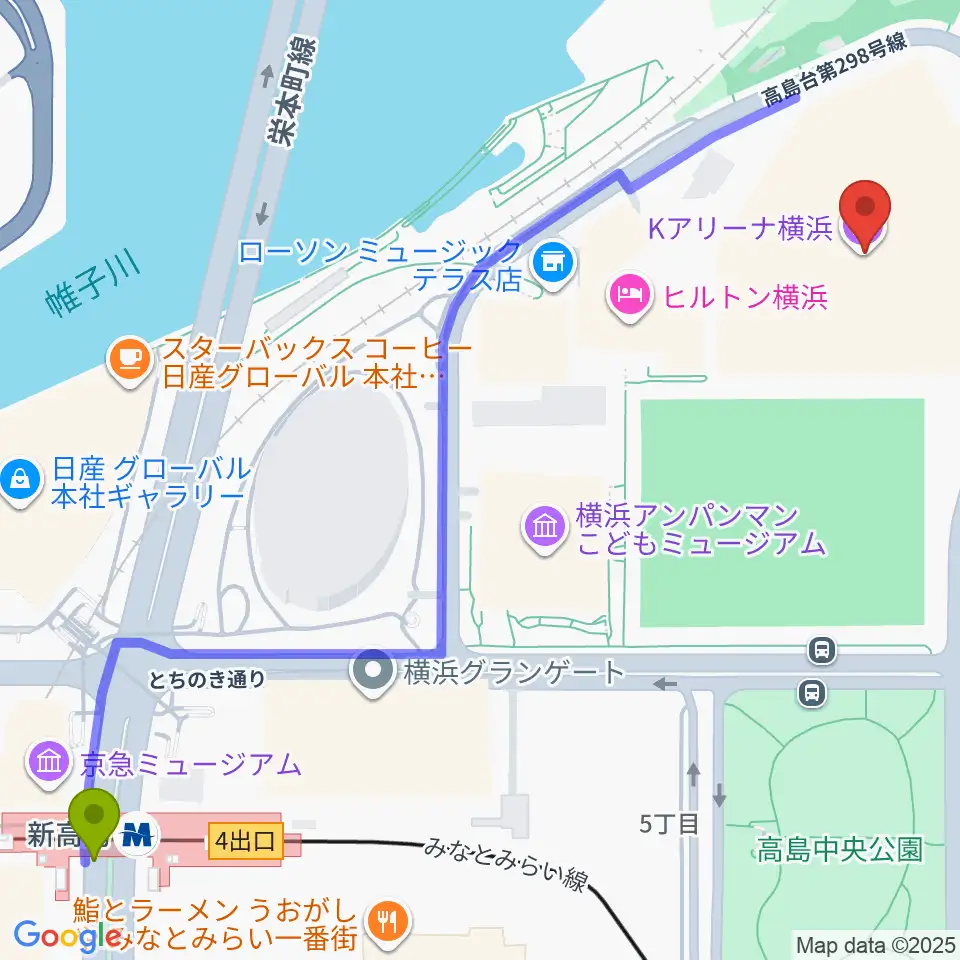 Kアリーナ横浜の最寄駅新高島駅からの徒歩ルート（約8分）地図