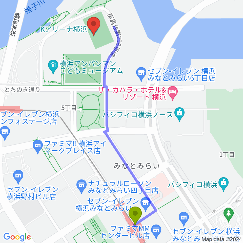 みなとみらい駅からKアリーナ横浜へのルートマップ地図