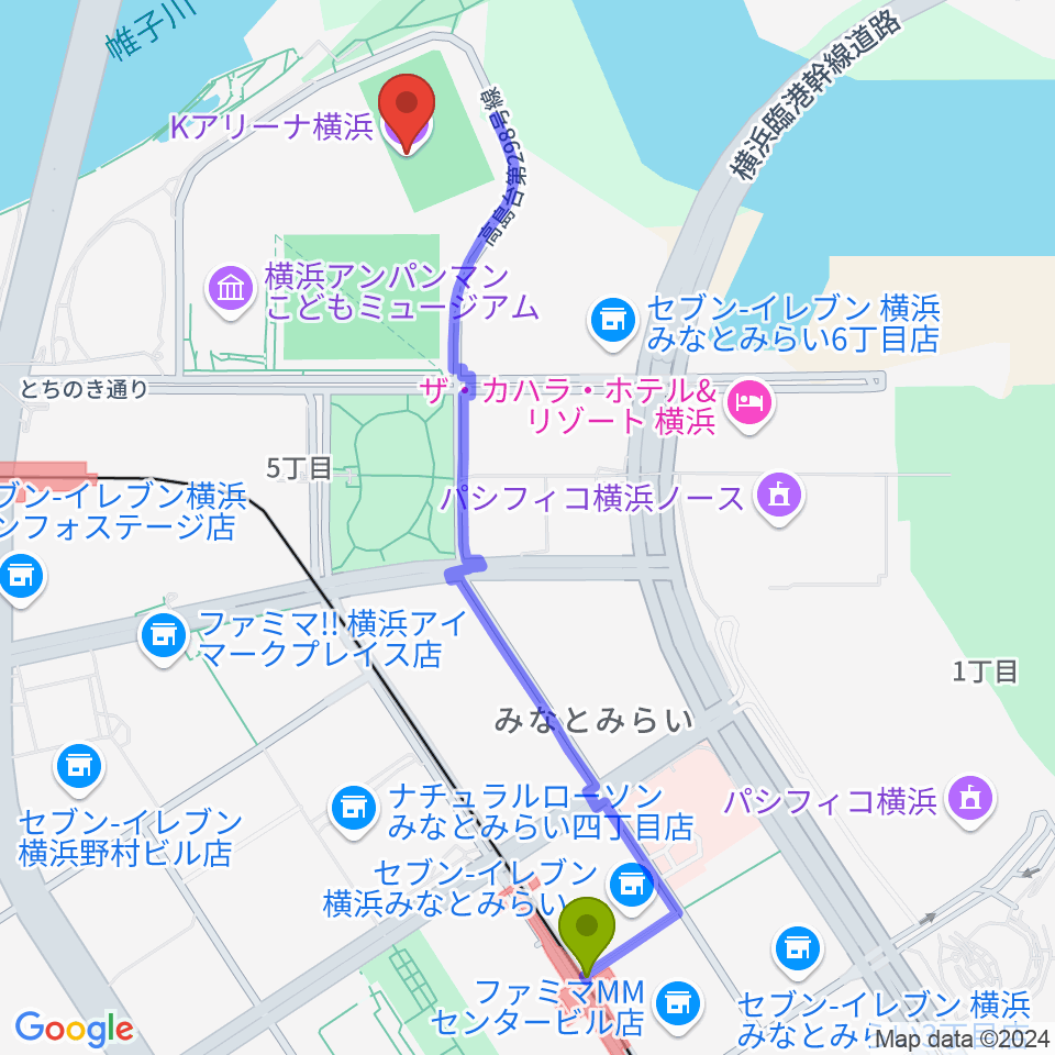 みなとみらい駅からKアリーナ横浜へのルートマップ地図