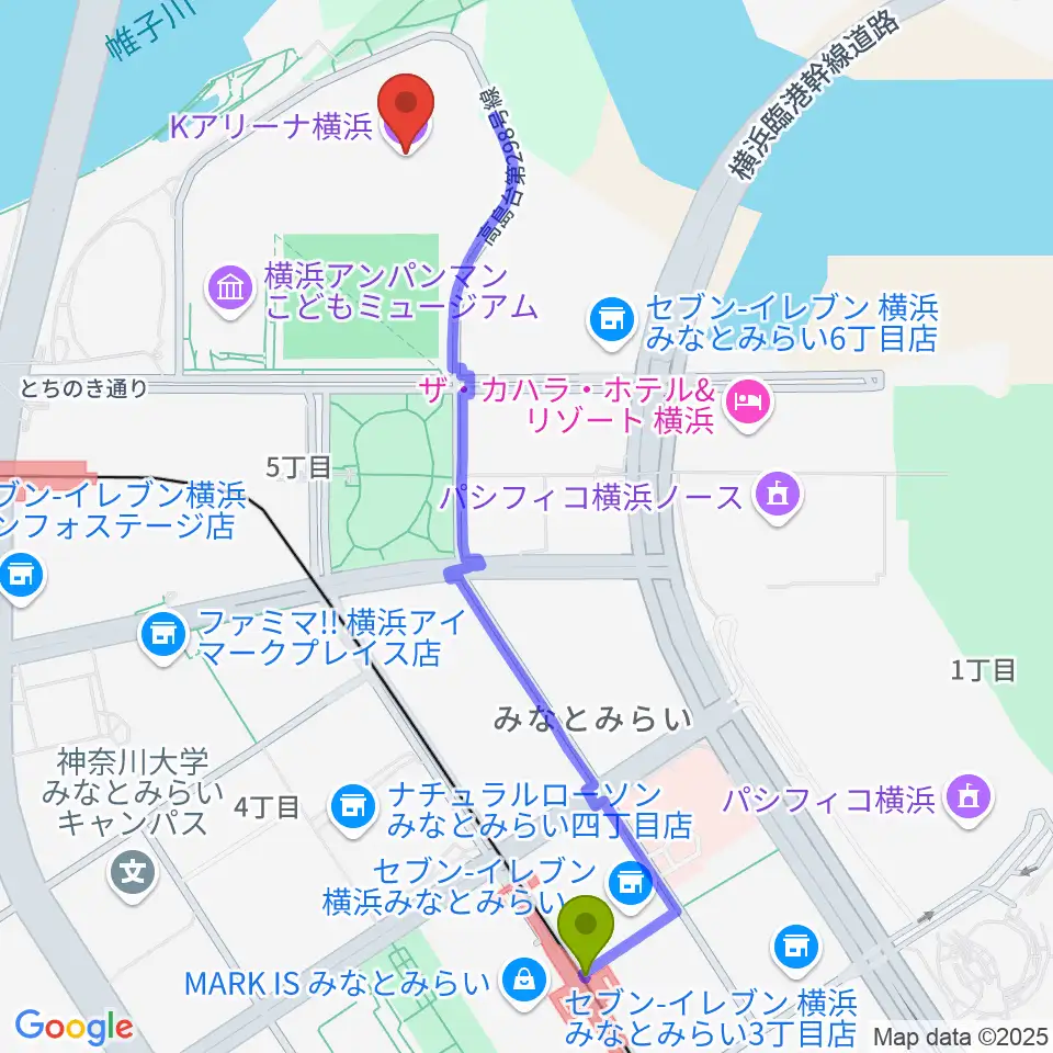 みなとみらい駅からKアリーナ横浜へのルートマップ地図