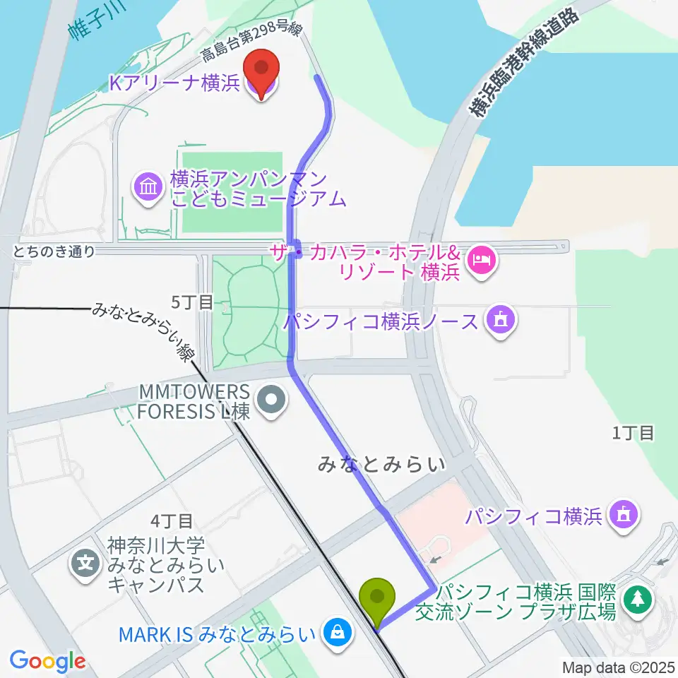 みなとみらい駅からKアリーナ横浜へのルートマップ地図