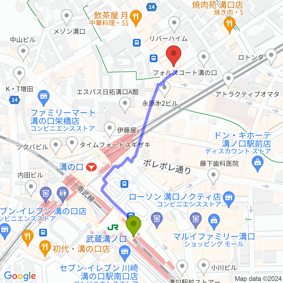 スタジオニド溝の口店の最寄駅武蔵溝ノ口駅からの徒歩ルート（約5分）地図