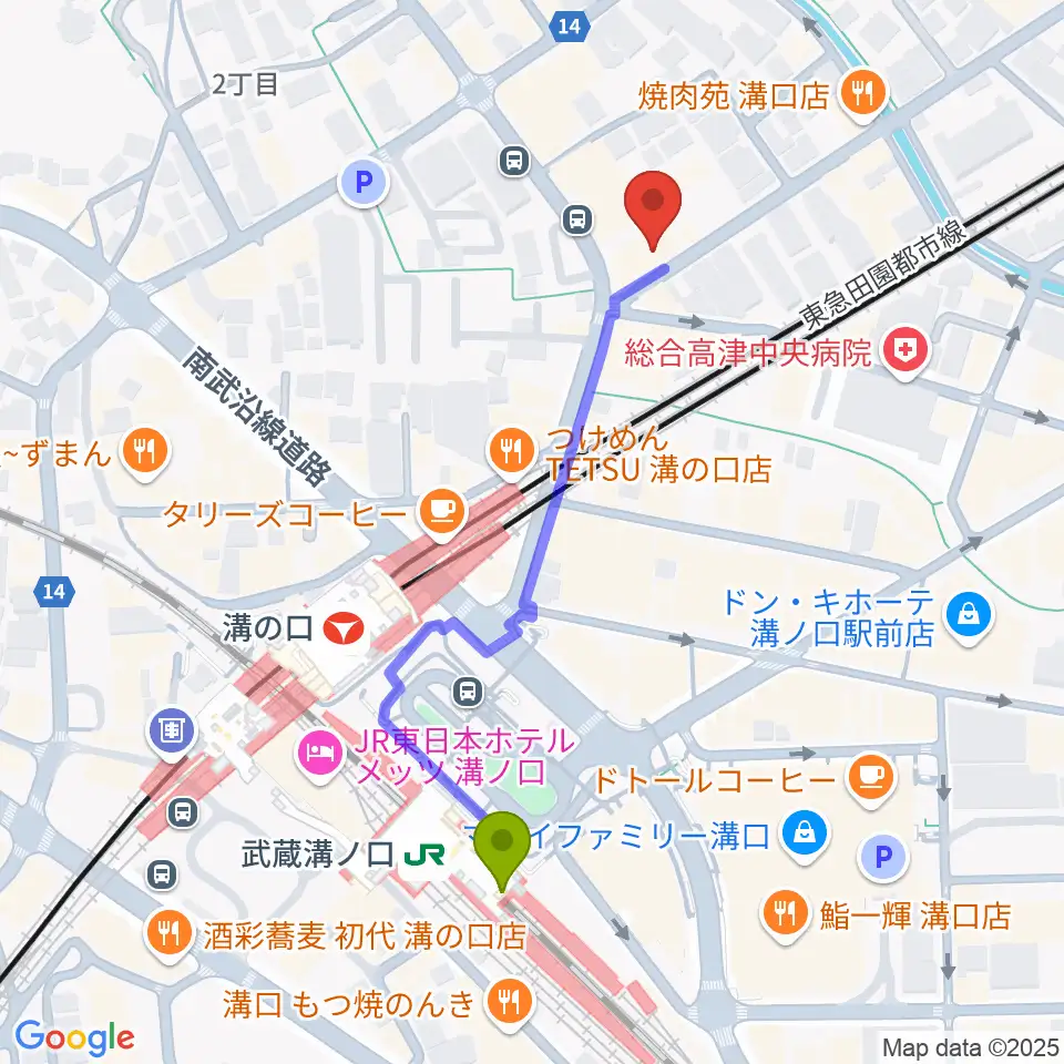 スタジオニド溝の口店の最寄駅武蔵溝ノ口駅からの徒歩ルート（約5分）地図