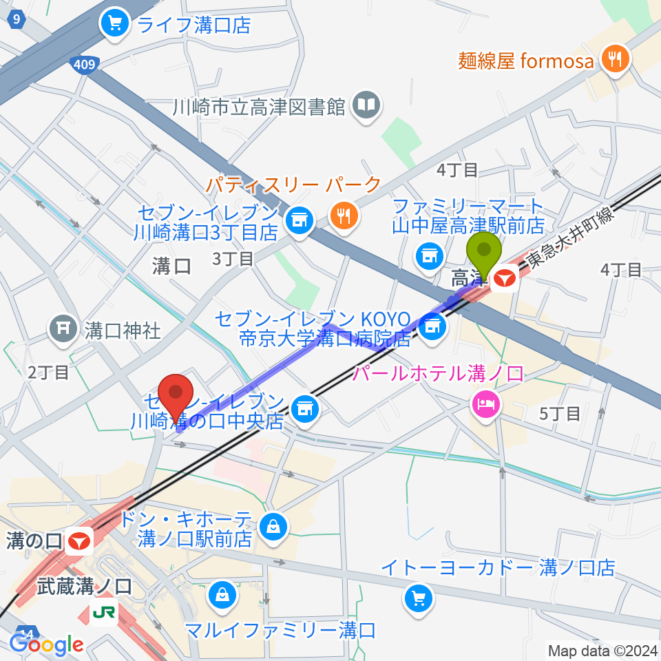 高津駅からスタジオニド溝の口店へのルートマップ地図