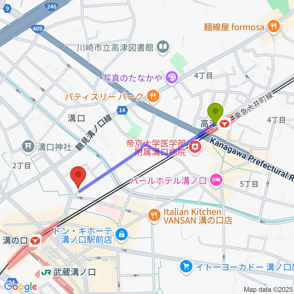 高津駅からスタジオニド溝の口店へのルートマップ地図