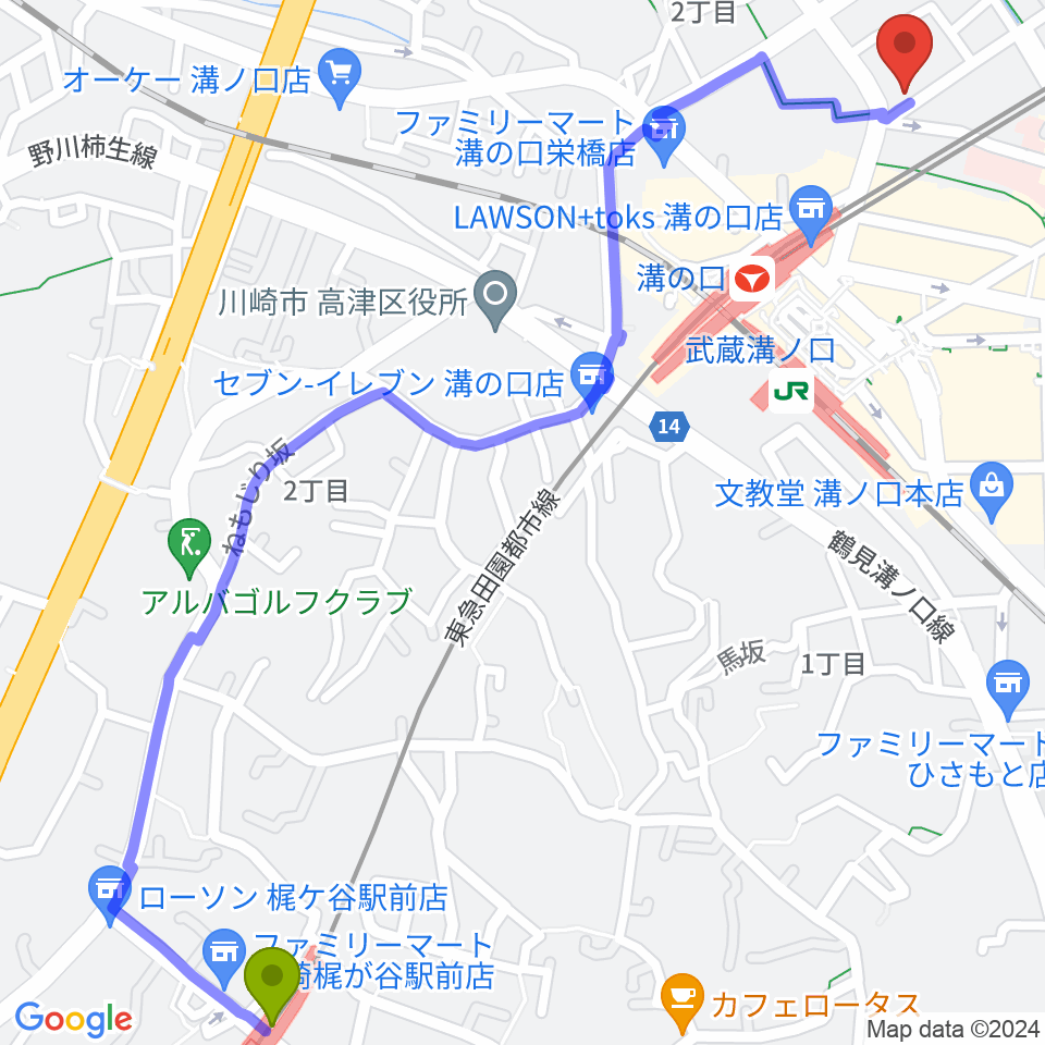 梶が谷駅からスタジオニド溝の口店へのルートマップ地図