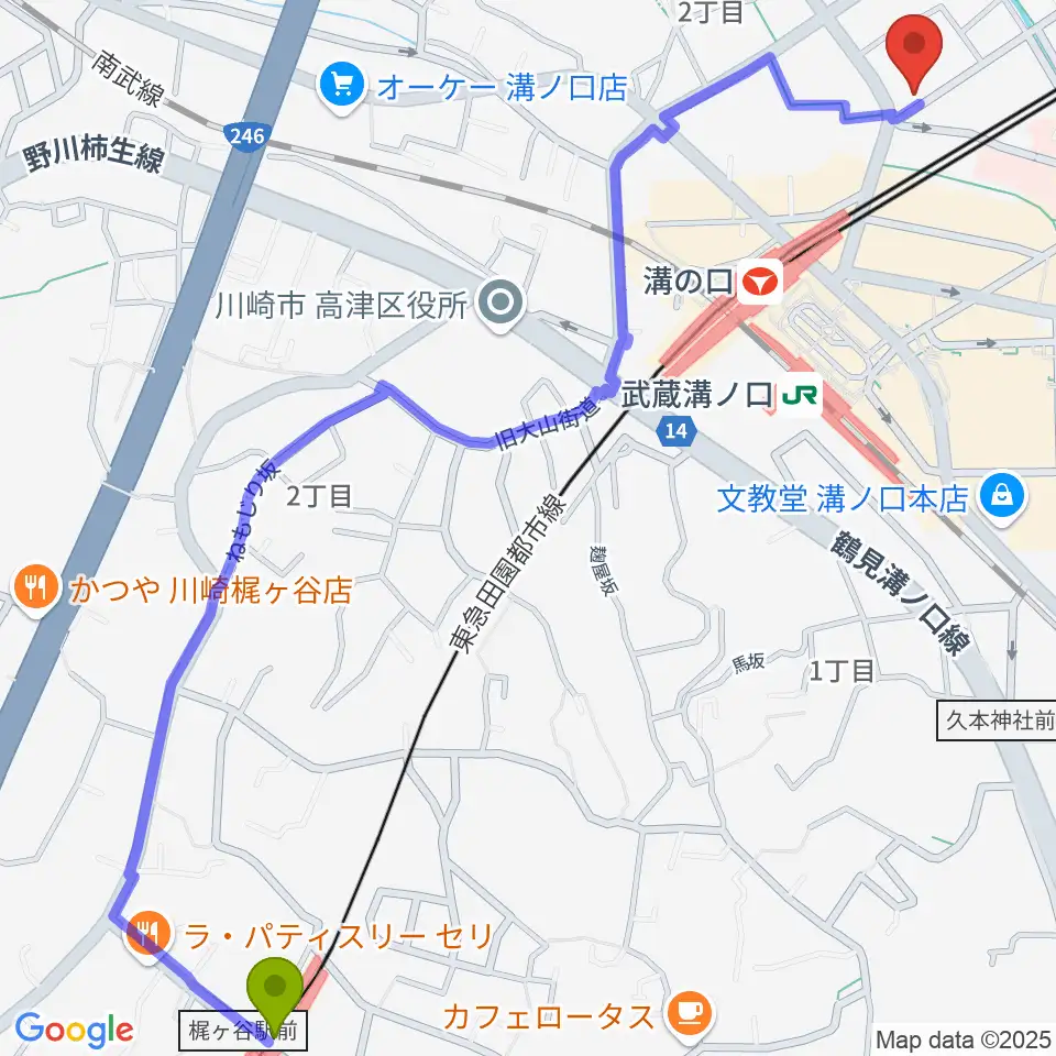 梶が谷駅からスタジオニド溝の口店へのルートマップ地図
