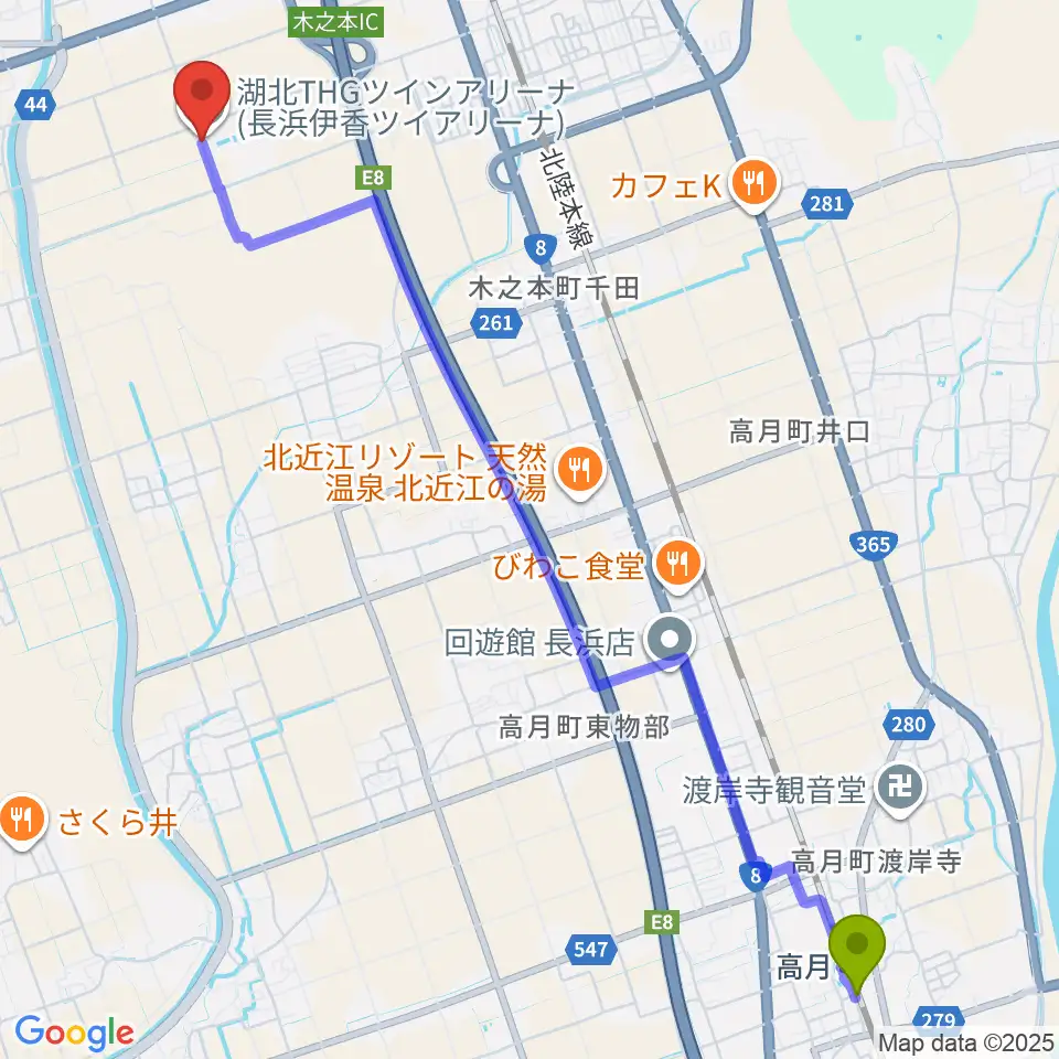 高月駅から長浜伊香ツインアリーナへのルートマップ地図