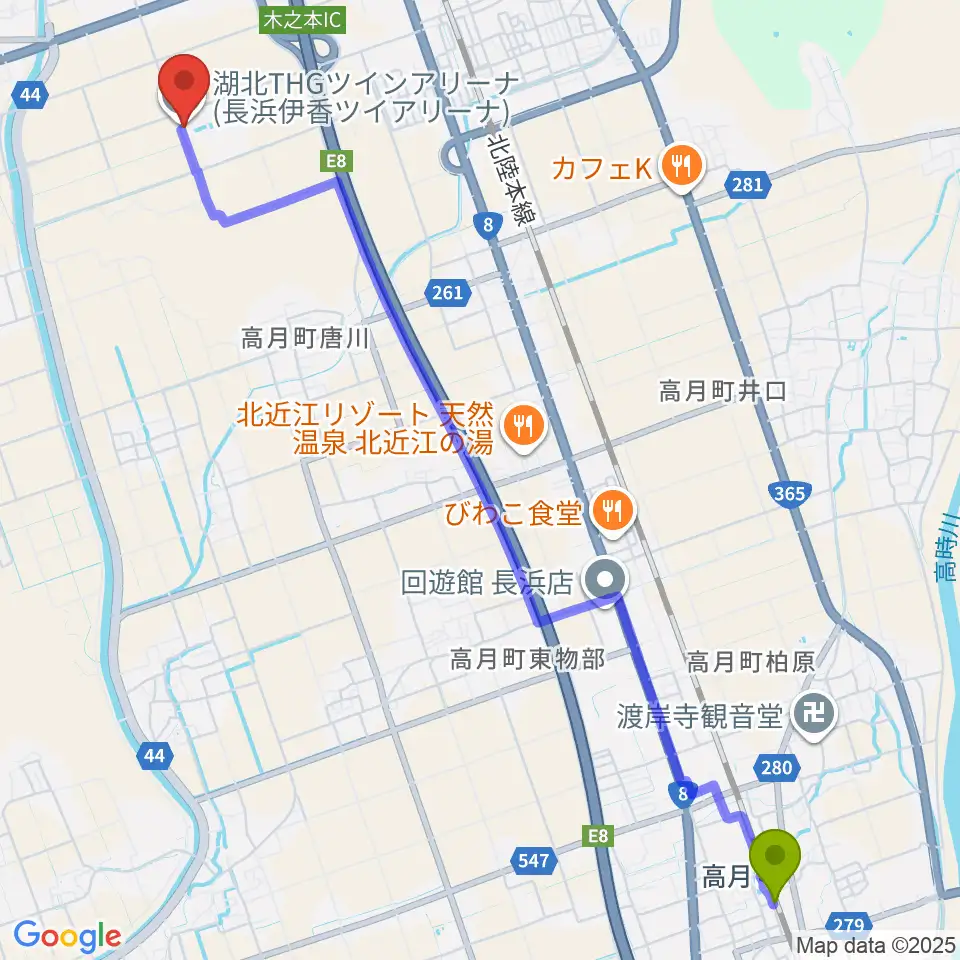 高月駅から湖北THGツインアリーナへのルートマップ地図