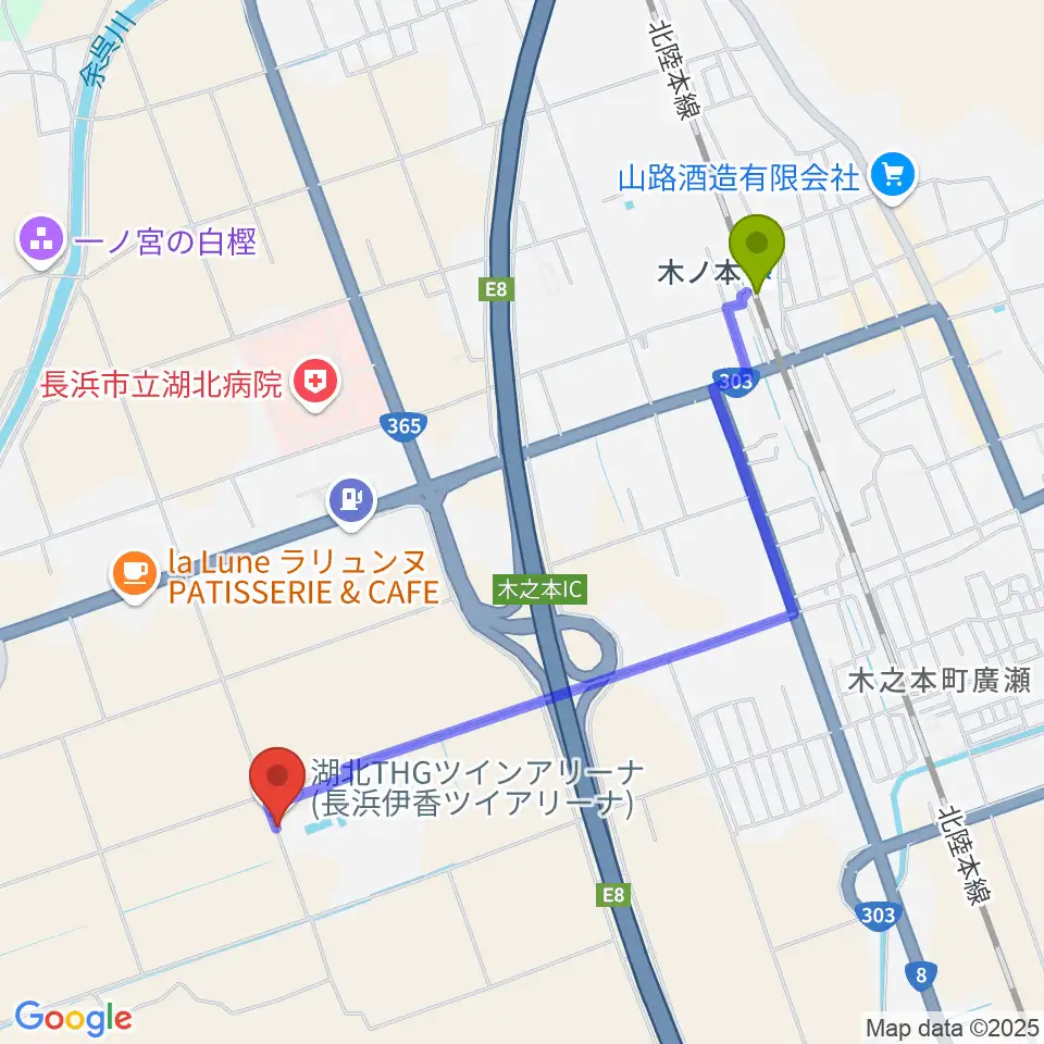 長浜伊香ツインアリーナの最寄駅木ノ本駅からの徒歩ルート（約21分）地図