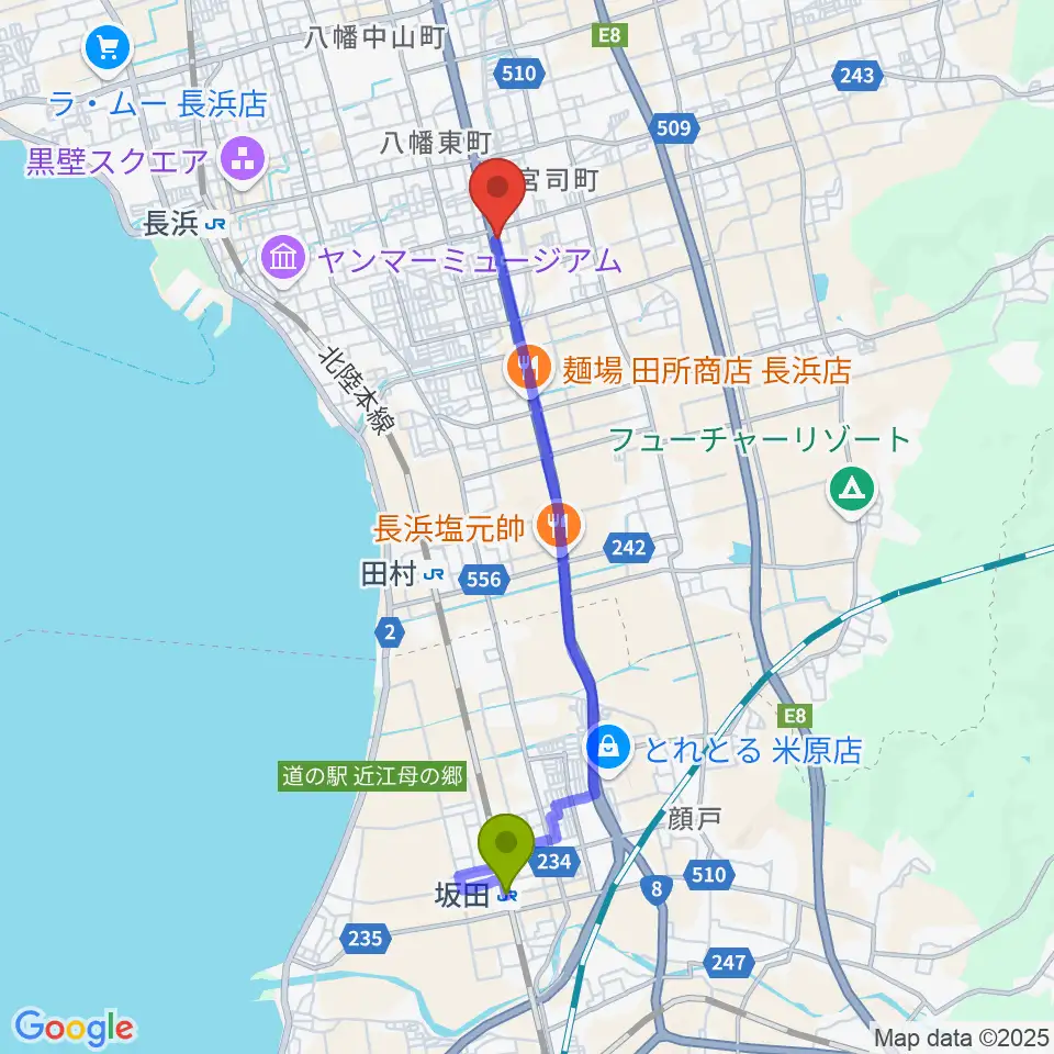 坂田駅から長浜市民体育館へのルートマップ地図