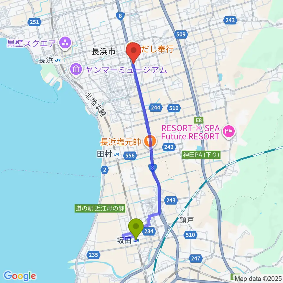 坂田駅から長浜市民体育館へのルートマップ地図