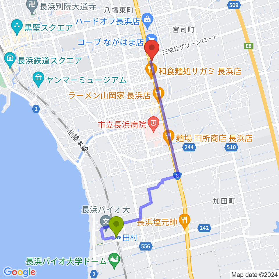 田村駅から長浜市民体育館へのルートマップ地図