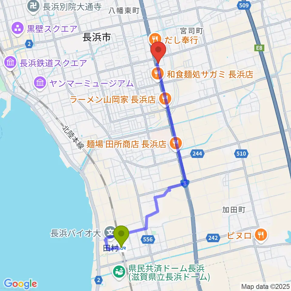 田村駅から長浜市民体育館へのルートマップ地図
