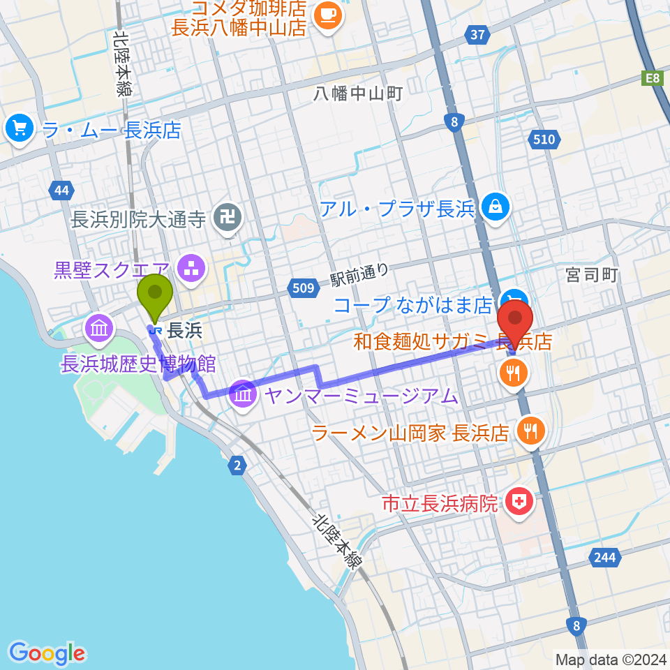 長浜市民体育館の最寄駅長浜駅からの徒歩ルート（約34分）地図