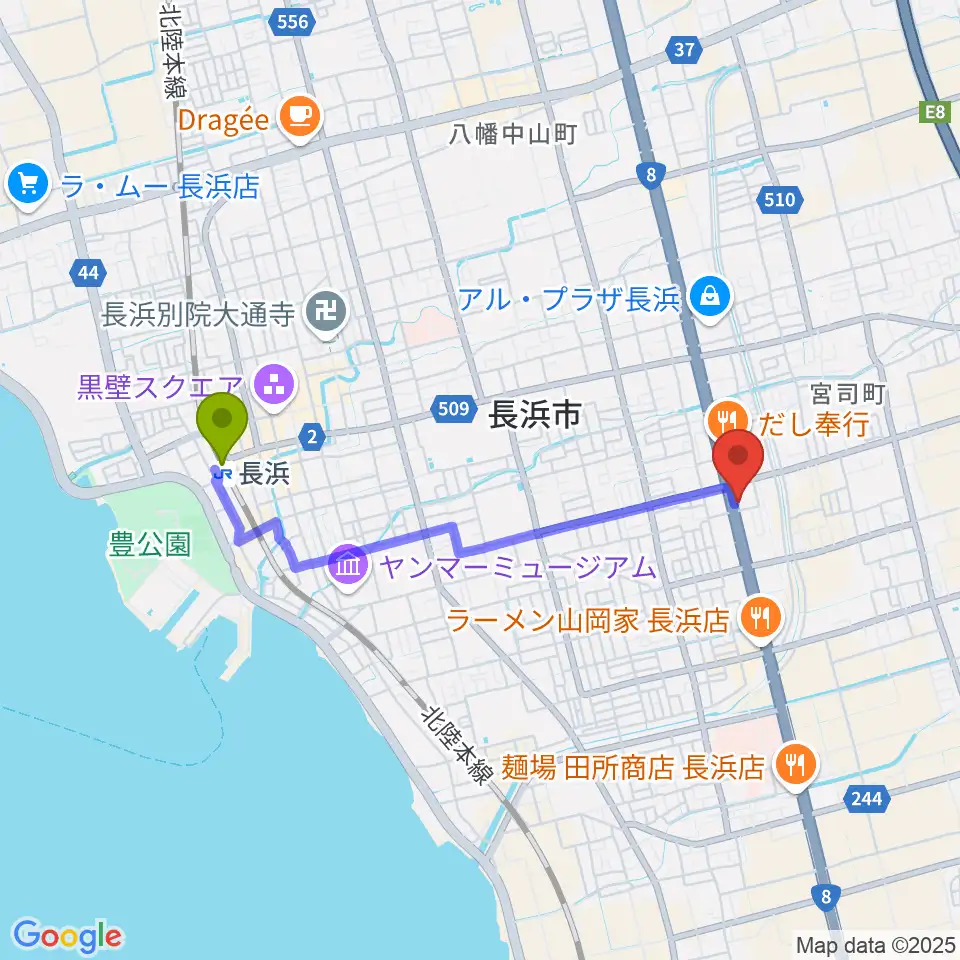 長浜市民体育館の最寄駅長浜駅からの徒歩ルート（約34分）地図