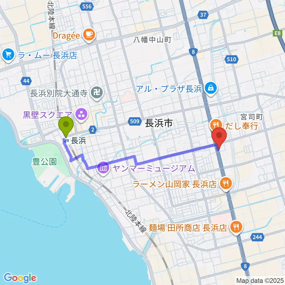 長浜市民体育館の最寄駅長浜駅からの徒歩ルート（約34分）地図