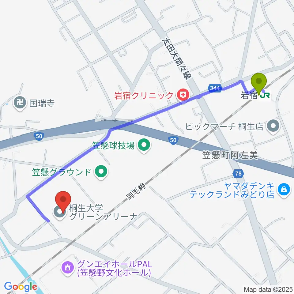 桐生大学グリーンアリーナの最寄駅岩宿駅からの徒歩ルート（約12分）地図