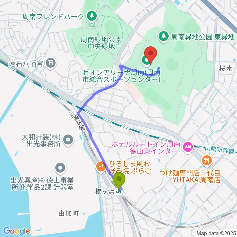 ゼオンアリーナ周南の最寄駅櫛ケ浜駅からの徒歩ルート（約17分）地図